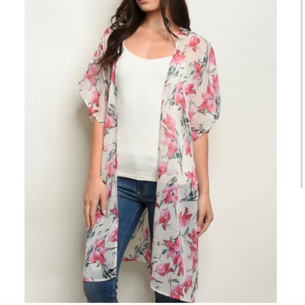 Pink and white floral kimono